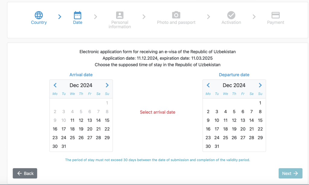 uzbekistan evisa calendar
