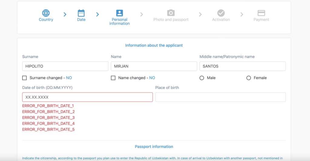 uzbekistan evisa personal information